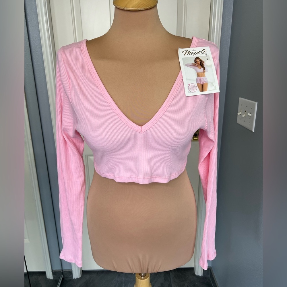 Mapale Women's Ribbed Bralette Crop Sleep Top Size Small Pink Stretch V Neck